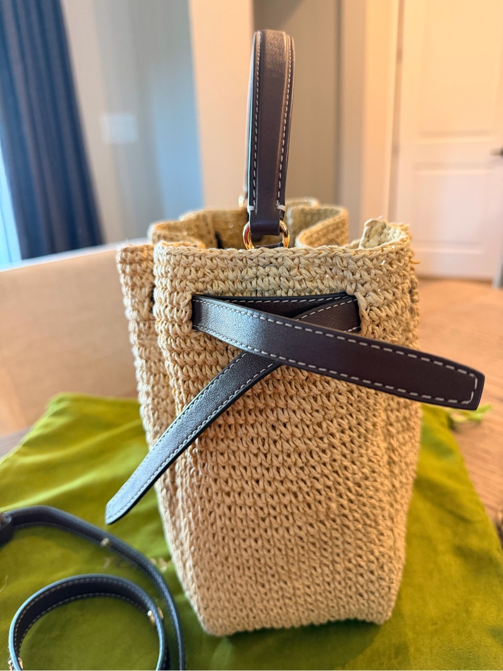 Like New Woven Straw Tote Bag with Brown Leather Trim - Picture 7 of 12